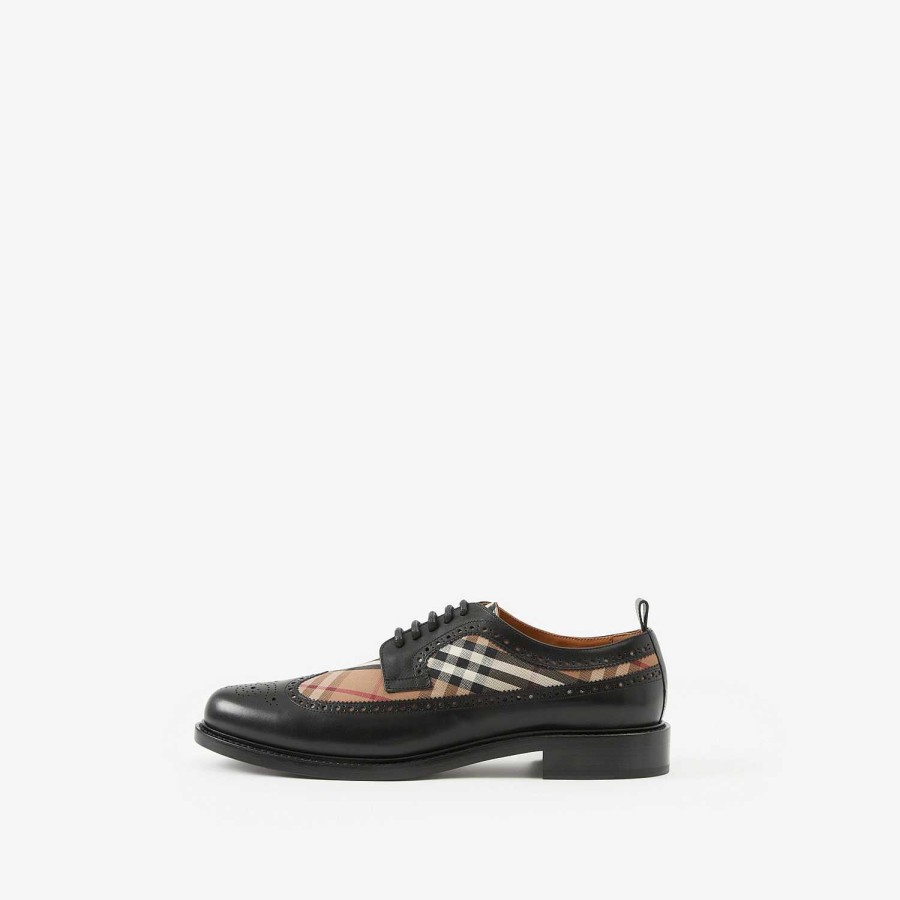 Män Burberry Loafers & Snörbyxor | Vintage Check Panel Läder Derby Skor Svart/Björkbrun