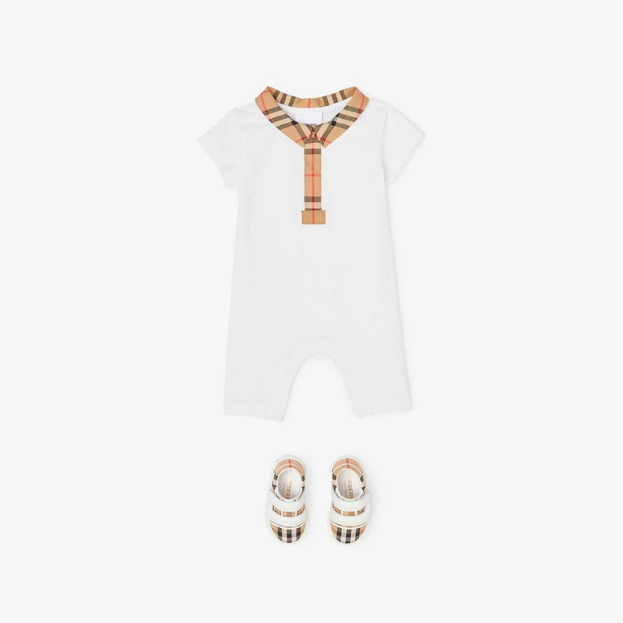 Barn Burberry Babypresenter|Växer och presentset | Check Trim Stretch Cotton Pique Playsuit Vit