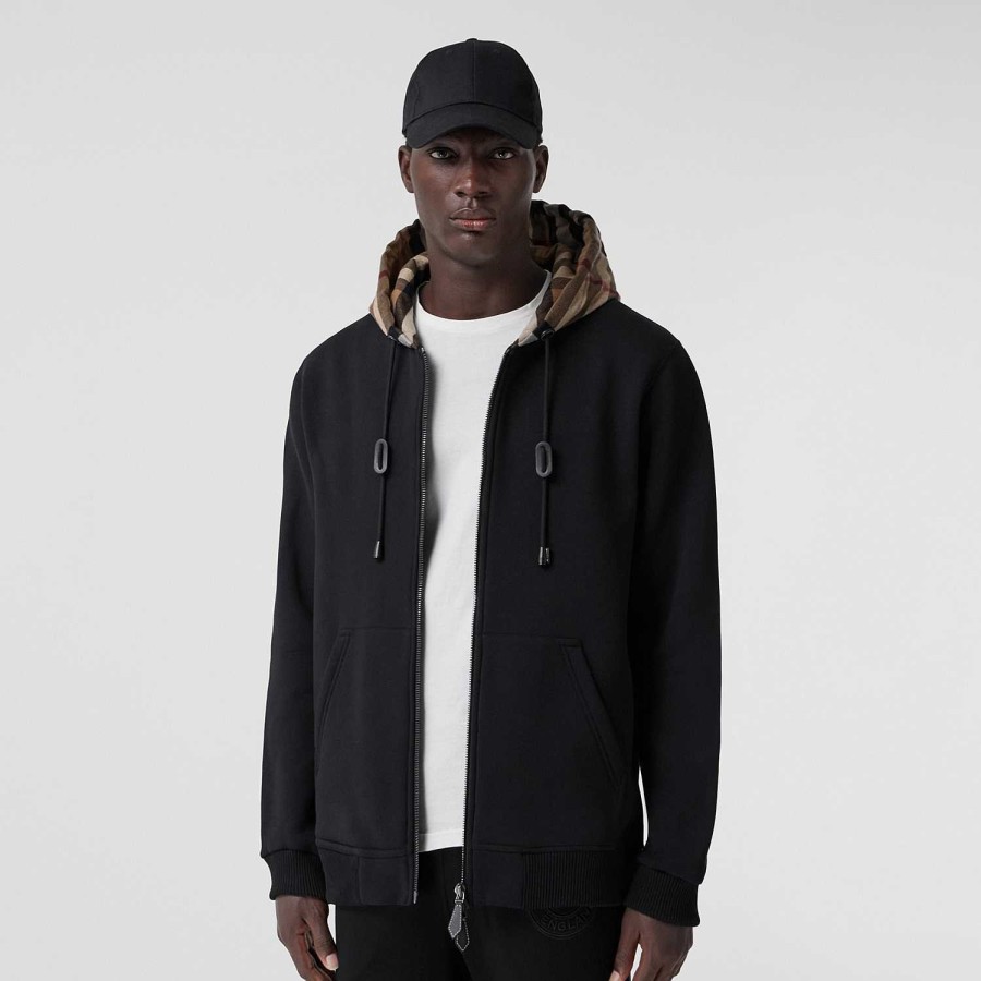 Män Burberry Tröjor och tröjor | Check Hood Cotton Blend Zip Hoodie Svart/Björkbrun