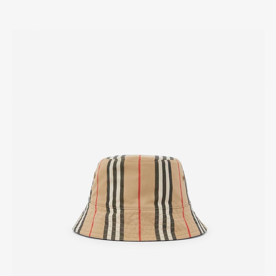 Män|Kvinnor Burberry Mössor & handskar | Vändbar Icon Stripe Bucket Hat i bomull Arkiv Beige/Svart