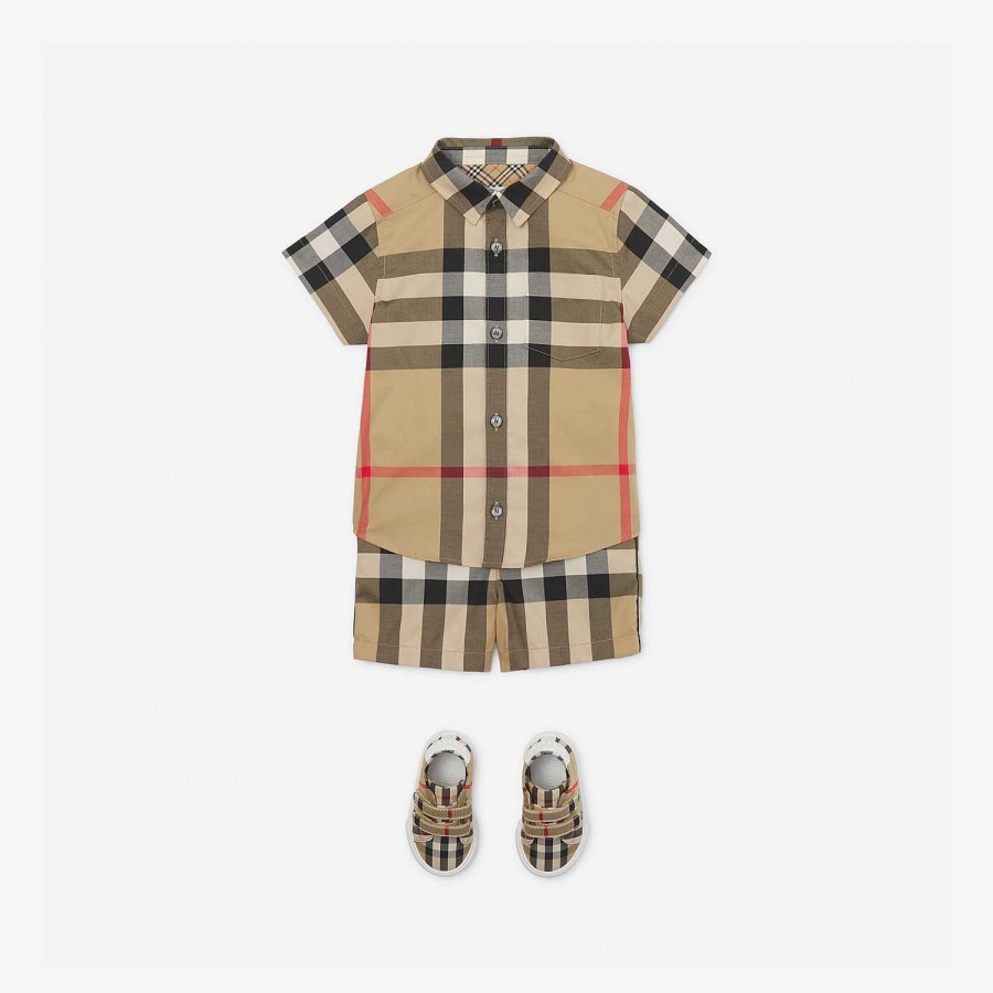 Barn Burberry Babypresenter|Toppar | Kortärmad skjorta i rutig stretchig bomull Arkiv Beige