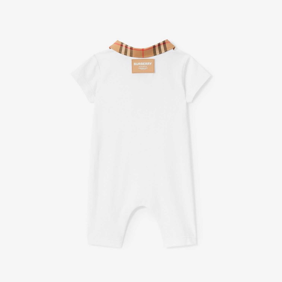 Barn Burberry Babypresenter|Växer och presentset | Check Trim Stretch Cotton Pique Playsuit Vit