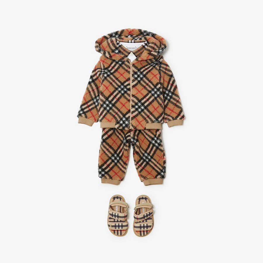 Barn Burberry Babypresenter|stickat och tröjor | Rutig luvtröja med dragkedja i fleece Arkiv Beige