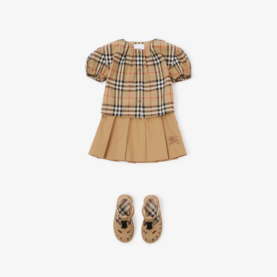 Barn Burberry Babypresenter|Toppar | Rutig blus i bomullstwill i stretchig bomull Arkiv Beige