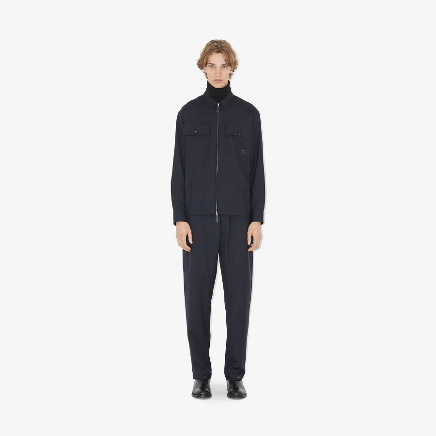 Män Burberry Skjortor | Ekd Wool Zip-Front Skjorta Rökt marin