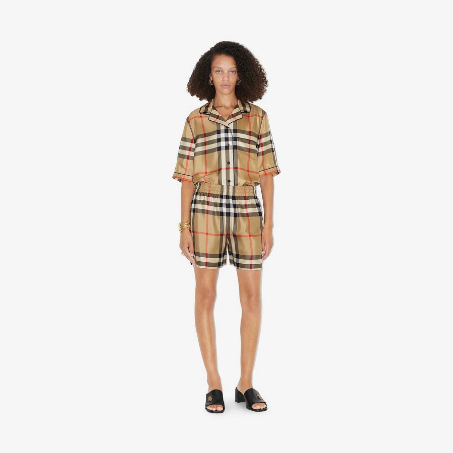 Kvinnor Burberry Byxor & Shorts | Kolla silkeshorts Arkiv Beige