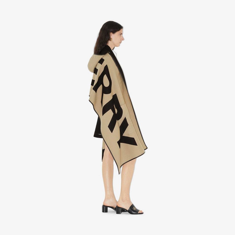 Kvinnor Burberry Kapor|Kaffor och jackor | Logotyp Ull Bomull Jacquard Hooded Cape Arkiv Beige