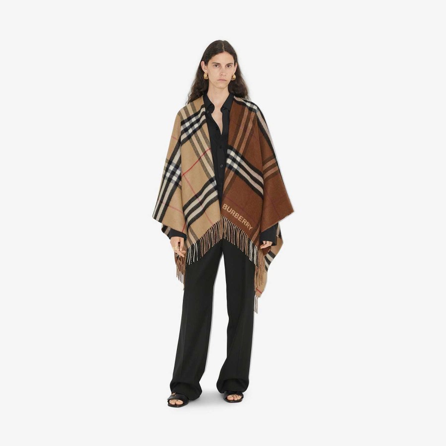 Kvinnor Burberry Kapor|Kaffor och jackor | Kontrastrutig ull Cashmere Cape Arkiv Beige/Mörk Björk Brun