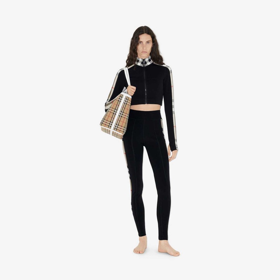 Kvinnor Burberry Aktiva kläder | Check Trim Cropped Zip Top Svart