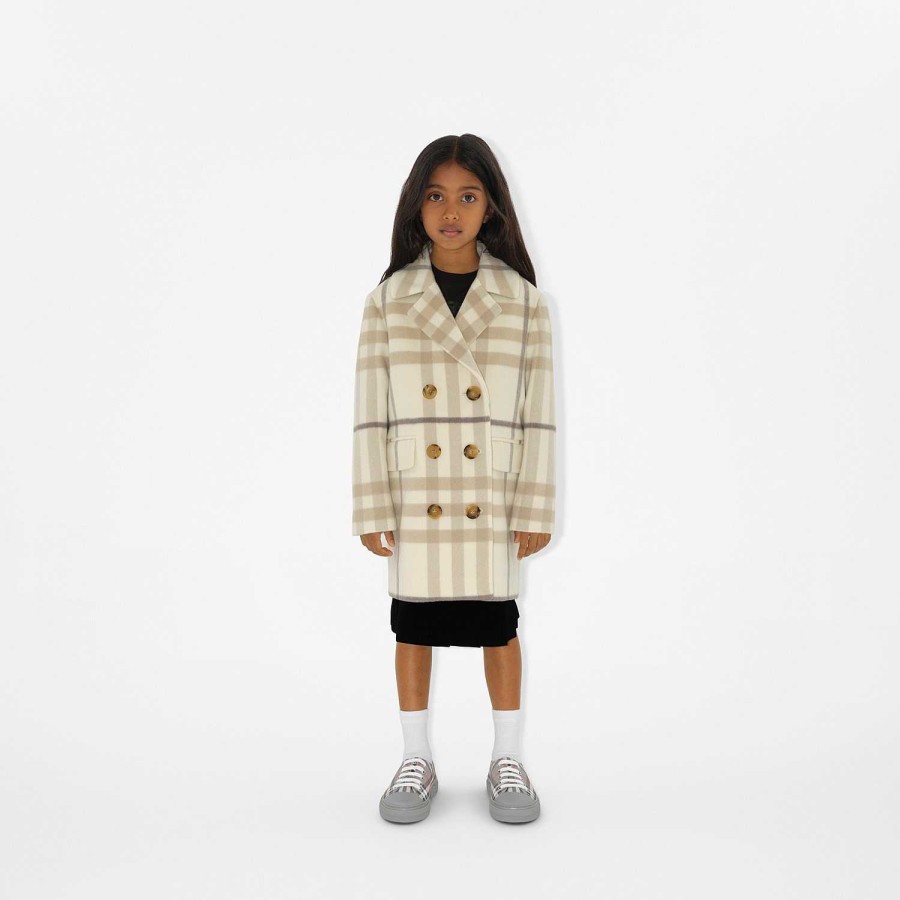 Barn Burberry Badkläder|Kaffor & Jackor | Check Wool Cashmere Coat Dove Beige