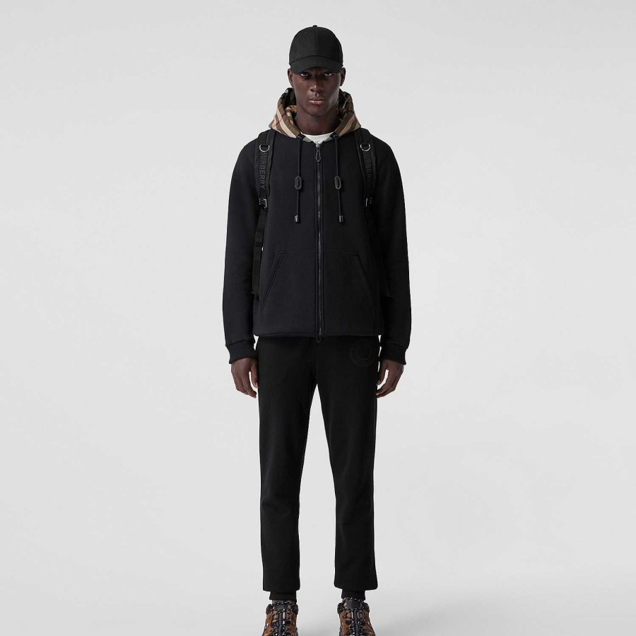 Män Burberry Tröjor och tröjor | Check Hood Cotton Blend Zip Hoodie Svart/Björkbrun