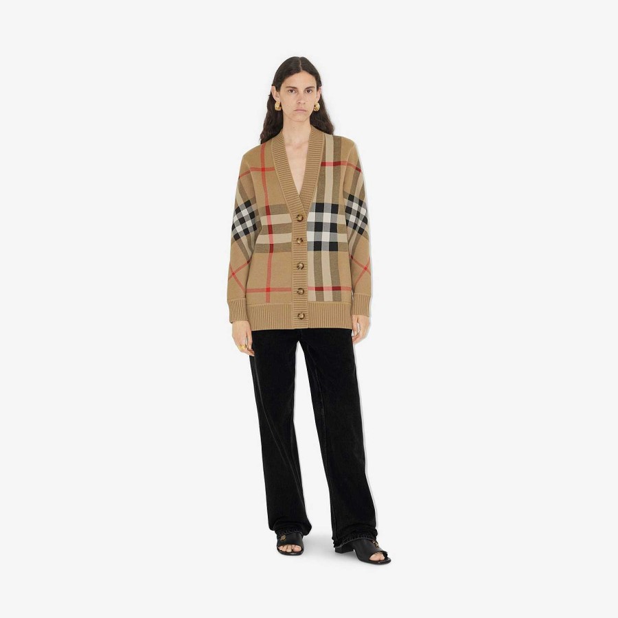 Kvinnor Burberry Stickat | Check Wool Blend Cardigan Arkiv Beige