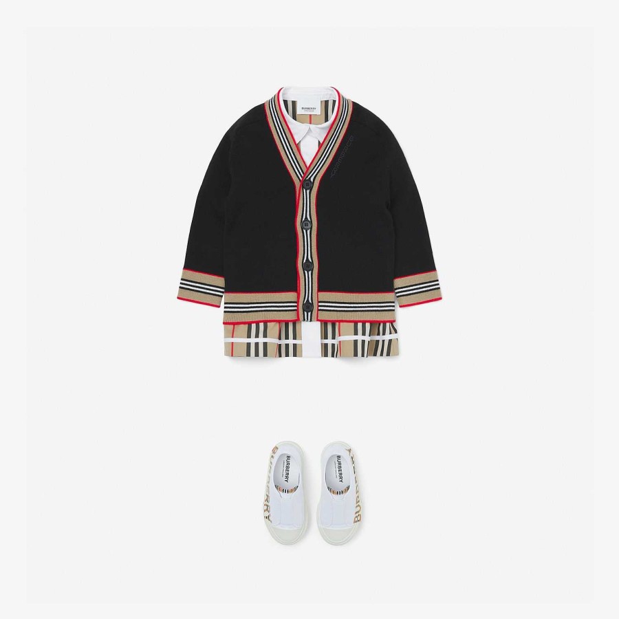 Barn Burberry Stickade plagg & tröjor | Icon Stripe Trim Wool Cardigan Svart