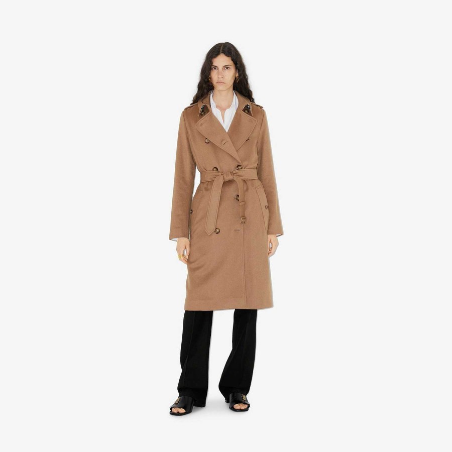 Kvinnor Burberry Kappor & jackor|Trenchcoats | Lång kashmirblandning från Kensington trenchcoat Camel Melange