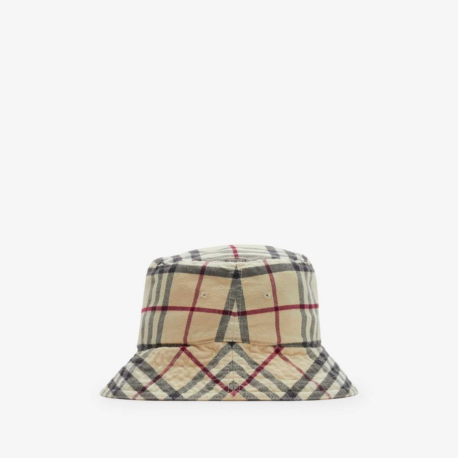 Män|Kvinnor Burberry Mössor & handskar | Check Bucket Hat i bomull Sten