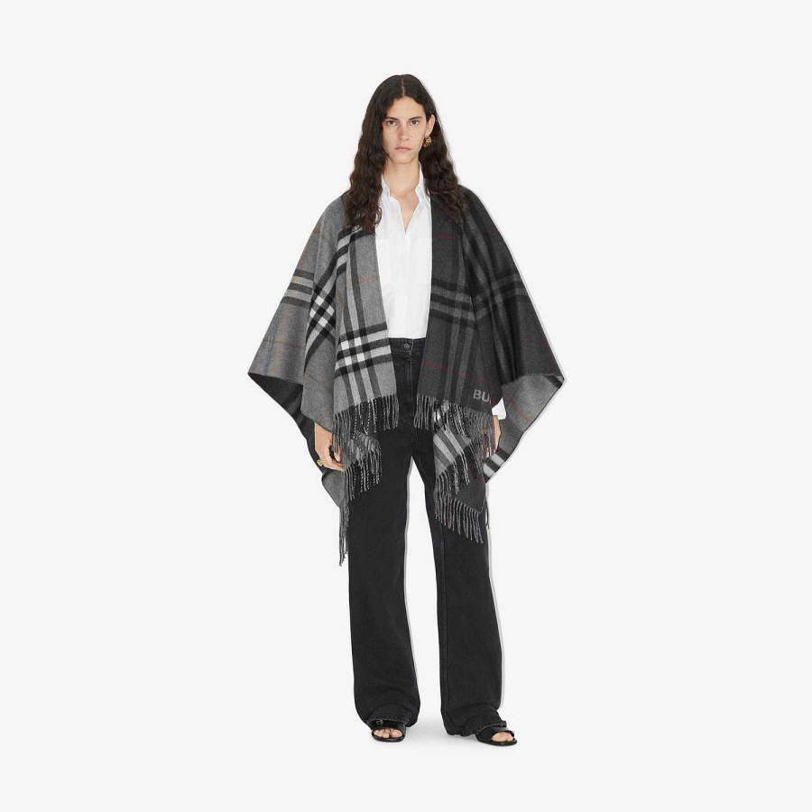 Kvinnor Burberry Kapor|Kaffor och jackor | Kontrastrutig ull Cashmere Jacquard Cape Grå/kol