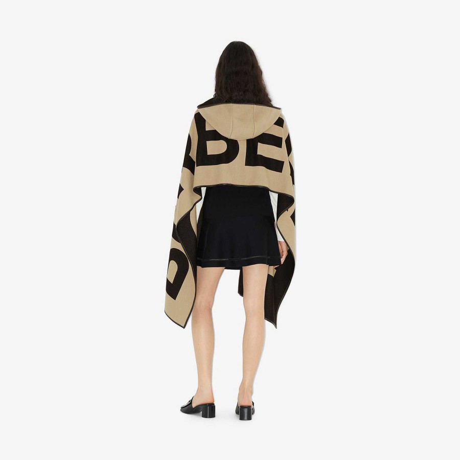 Kvinnor Burberry Kapor|Kaffor och jackor | Logotyp Ull Bomull Jacquard Hooded Cape Arkiv Beige