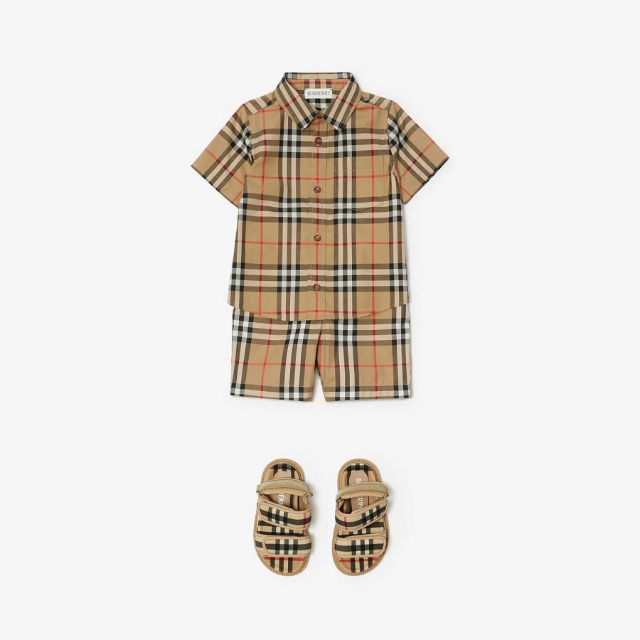 Barn Burberry Babypresenter|Toppar | Rutig bomullsskjorta i stretchig bomull Arkiv Beige