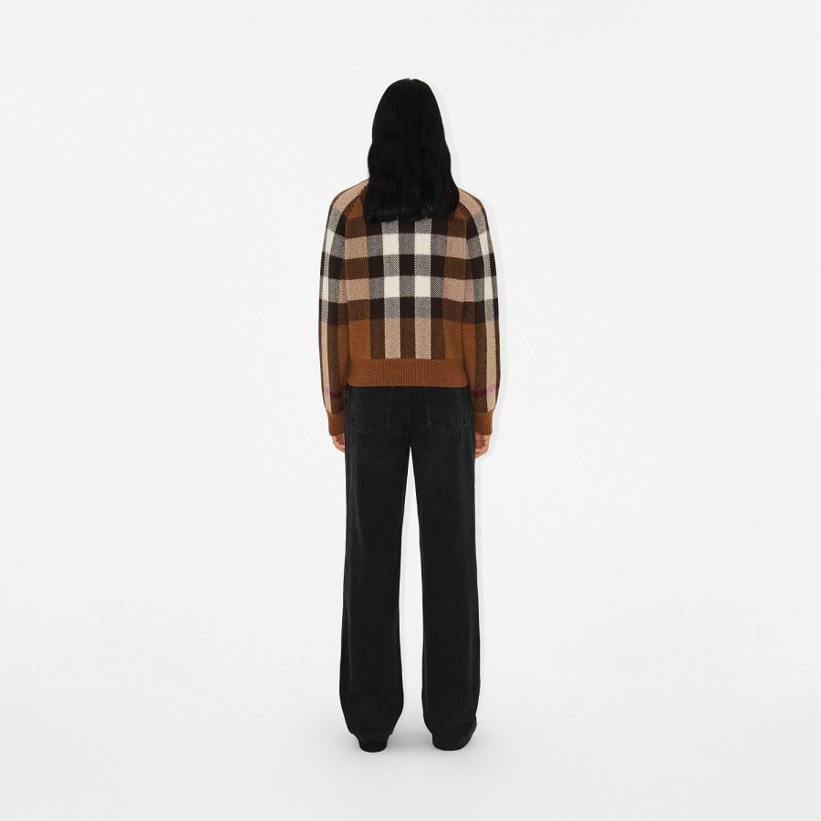 Kvinnor Burberry Stickat | Check Intarsia Wool Cashmere Bomberjacka Mörk björkbrun