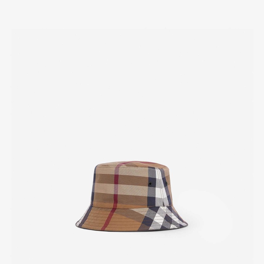 Män|Kvinnor Burberry Mössor & handskar | Överdriven rutig bomull Canvas Bucket Hat Björk Brun