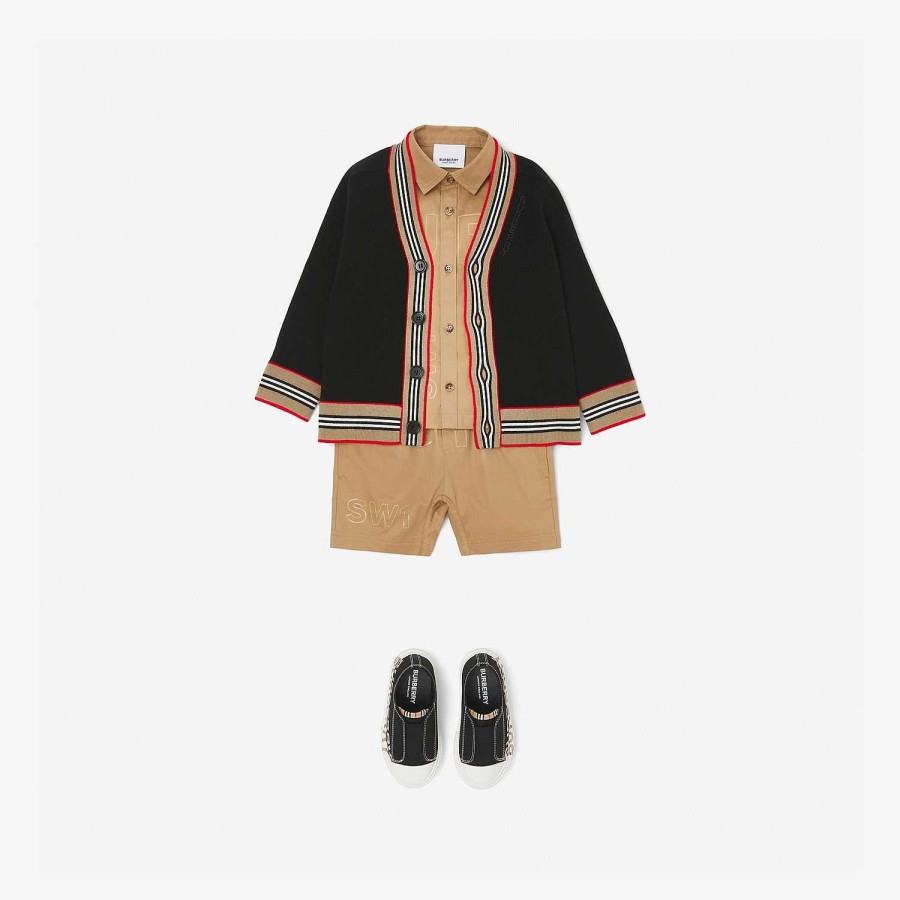 Barn Burberry Stickade plagg & tröjor | Icon Stripe Trim Wool Cardigan Svart