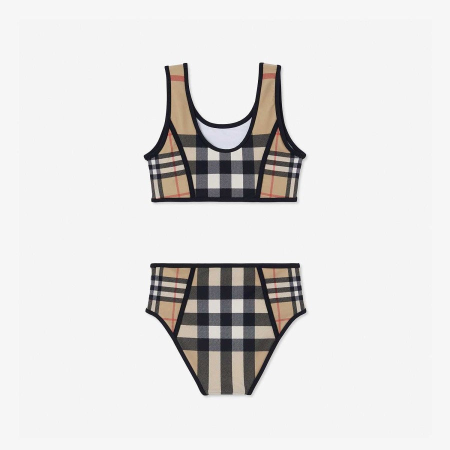 Barn Burberry Badkläder | Kontrastrutig stretch nylonbikini Arkiv Beige