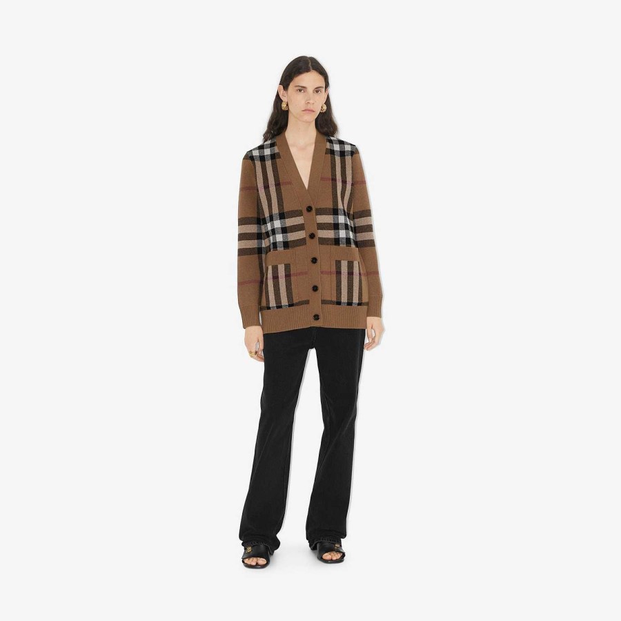 Kvinnor Burberry Stickat | Check Ull Cashmere Cardigan Björk Brun