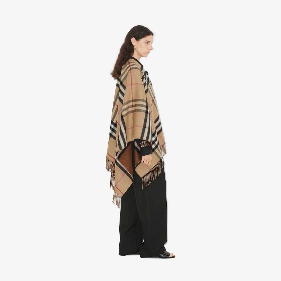 Kvinnor Burberry Kapor|Kaffor och jackor | Kontrastrutig ull Cashmere Cape Arkiv Beige/Mörk Björk Brun