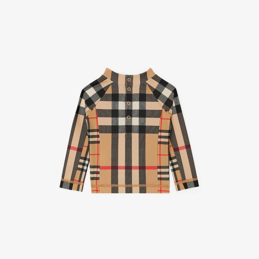 Barn Burberry Badkläder | Kontrastrutad stretchväst i nylon Arkiv Beige