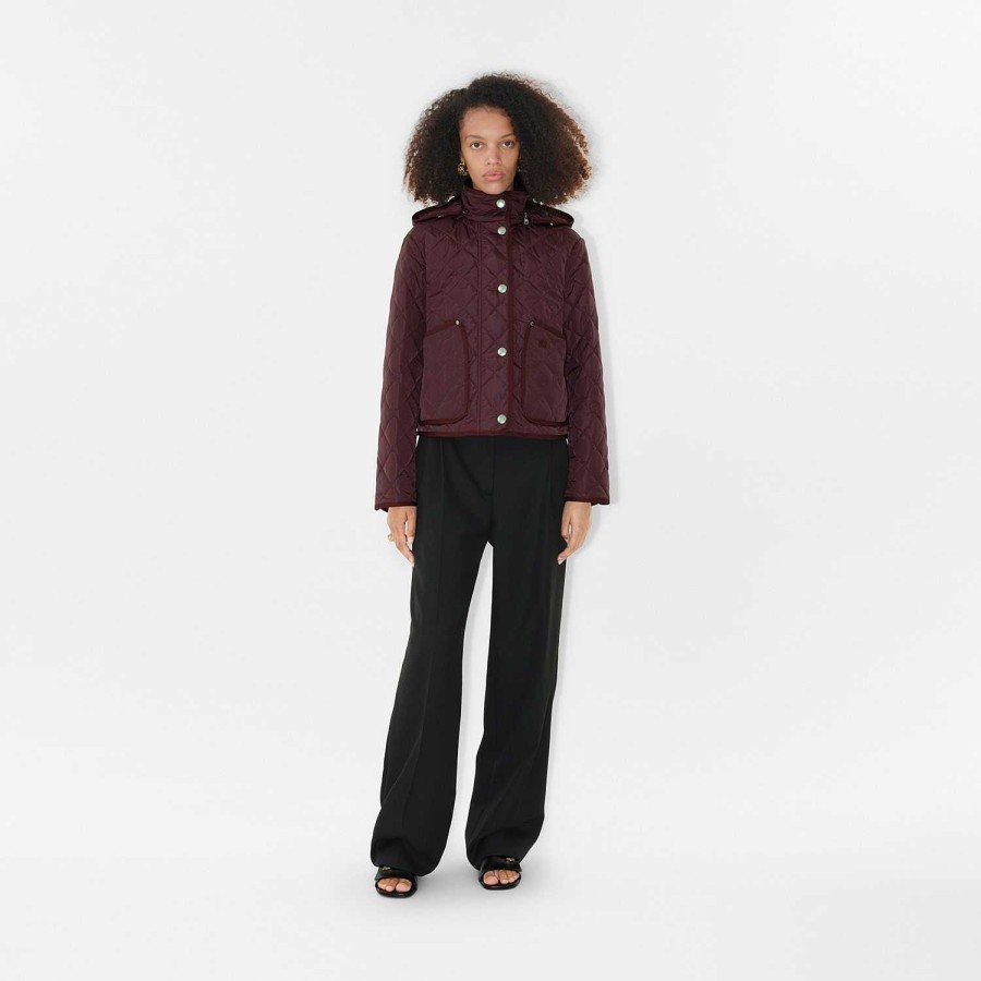 Kvinnor Burberry Kappor & Jackor | Cropped Quiltad Nylonjacka Deep Claret