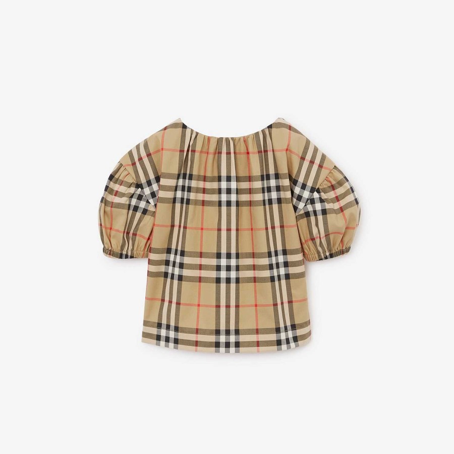 Barn Burberry Babypresenter|Toppar | Rutig blus i bomullstwill i stretchig bomull Arkiv Beige