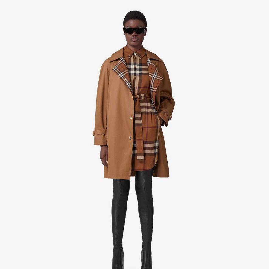 Kvinnor Burberry Trenchcoats | Mellanlångt rutig kavaj Gabardine Car Coat Dammig karamell