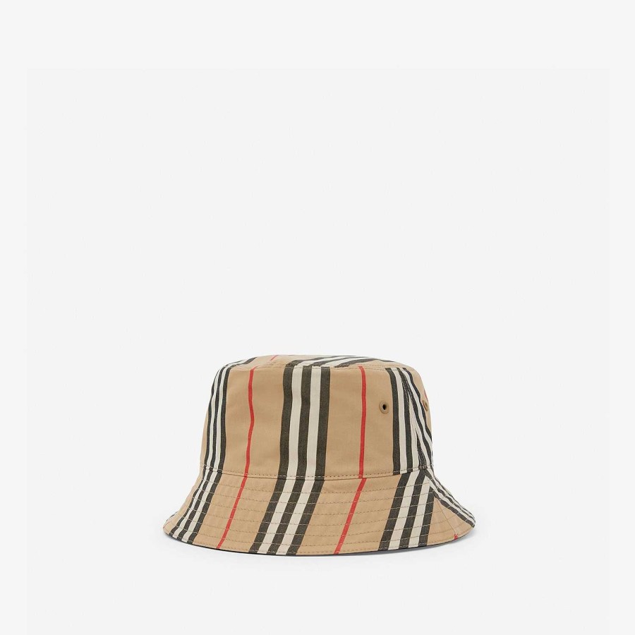 Män|Kvinnor Burberry Mössor & handskar | Vändbar Icon Stripe Bucket Hat i bomull Arkiv Beige/Svart