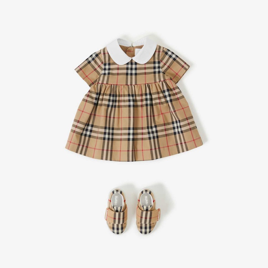 Barn Burberry Babypresenter|Klänningar | Rutig klänning i stretchig bomull med blommor Arkiv Beige