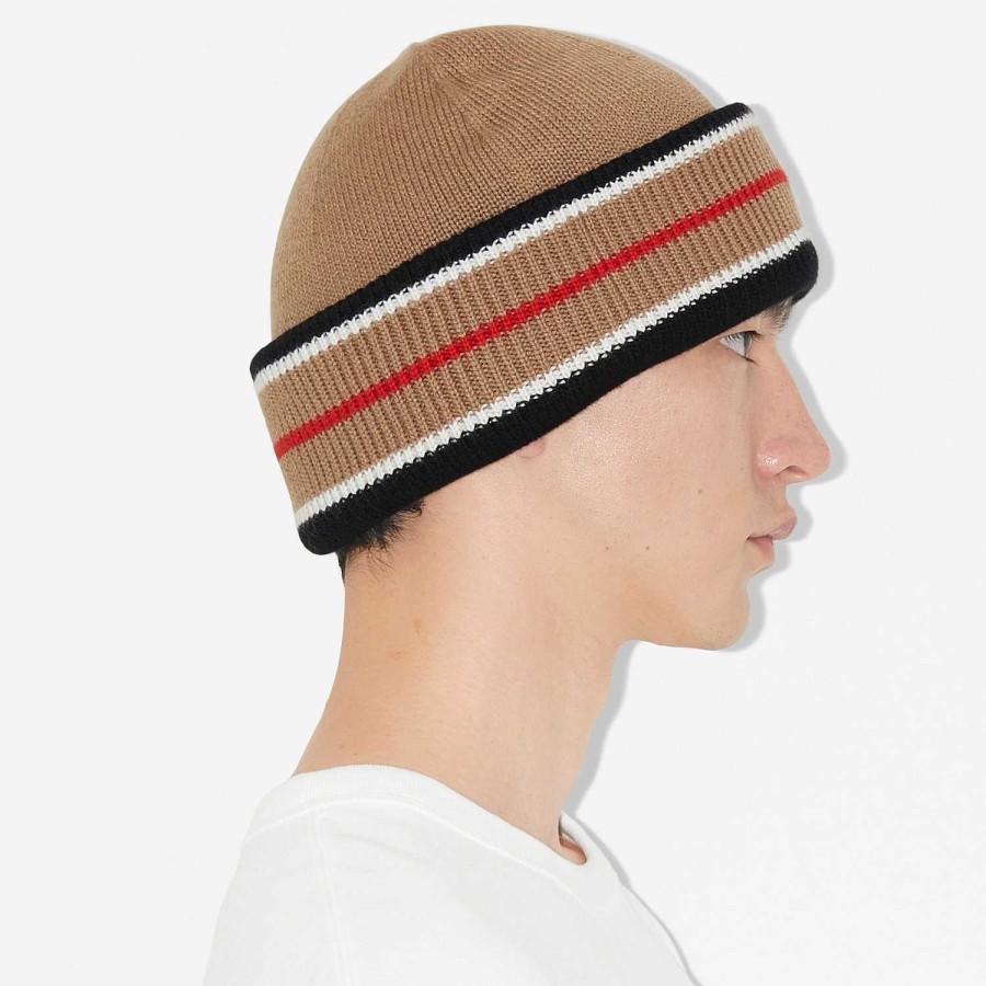 Män Burberry Mössor & handskar | Ikon Stripe Beanie Kamel