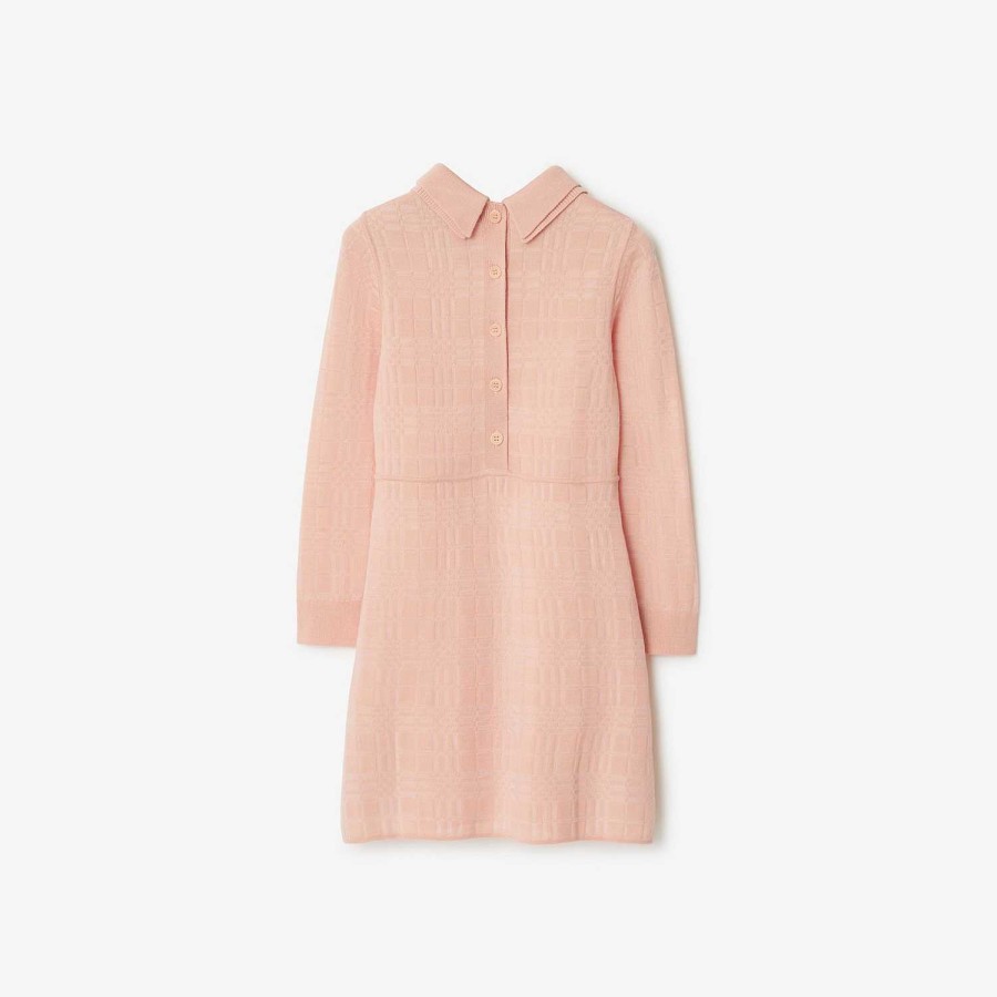 Barn Burberry Klänningar & Jumpsuits|Badkläder | Check Wool Blend Dress Korallrosa