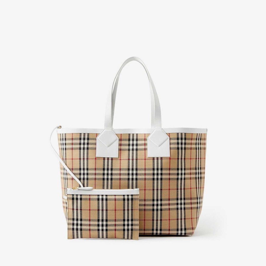 Kvinnor Burberry Check|Tote|Axla | Stor London-väska Arkiv Beige/Vit