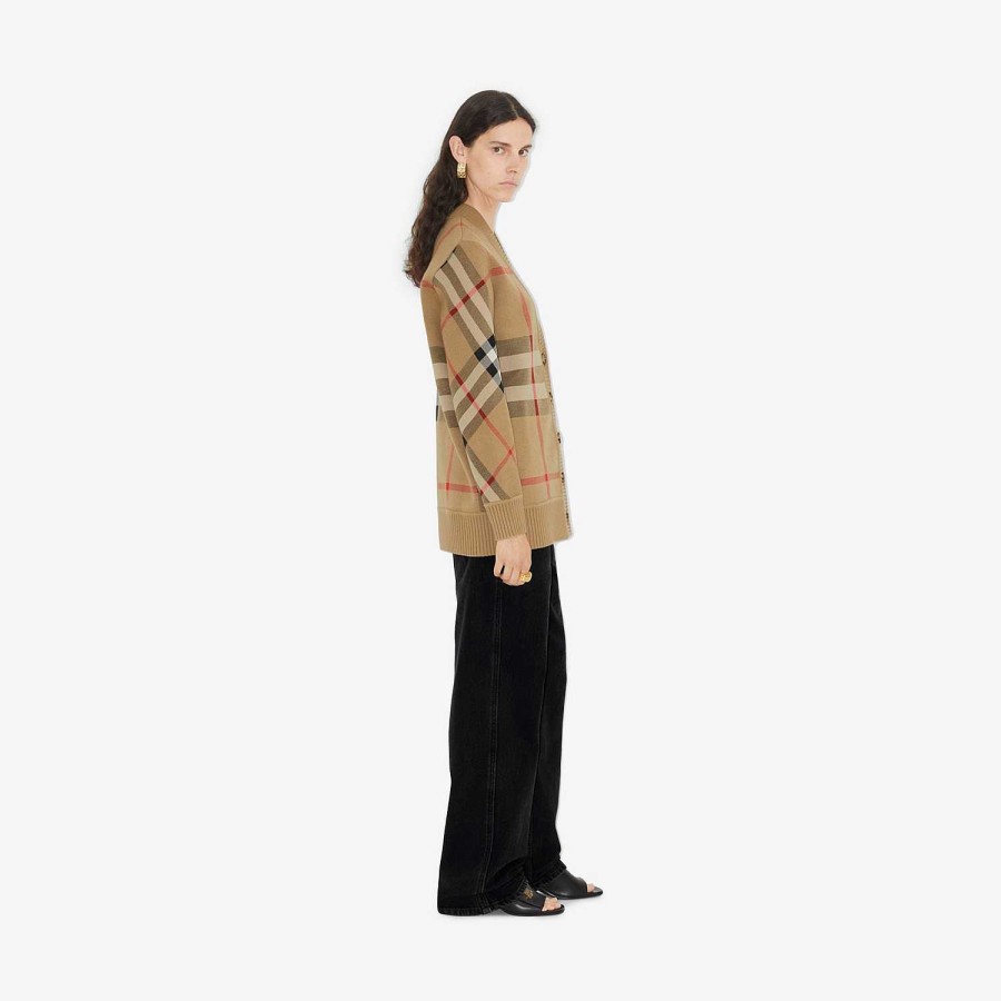 Kvinnor Burberry Stickat | Check Wool Blend Cardigan Arkiv Beige