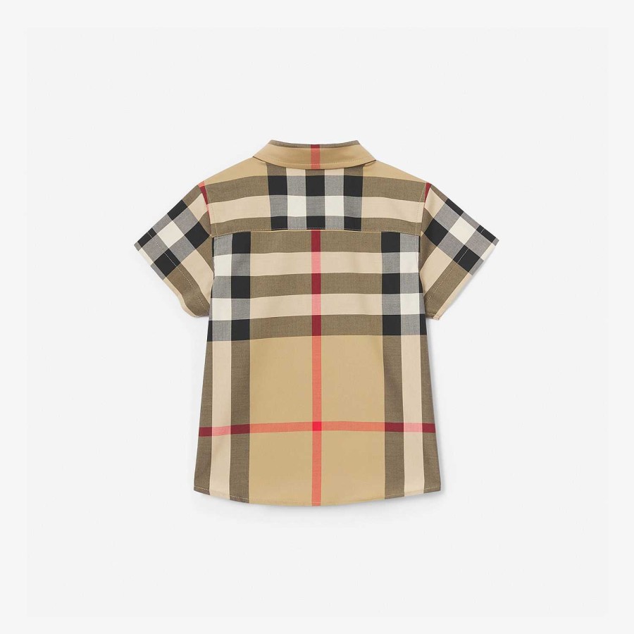 Barn Burberry Babypresenter|Toppar | Kortärmad skjorta i rutig stretchig bomull Arkiv Beige