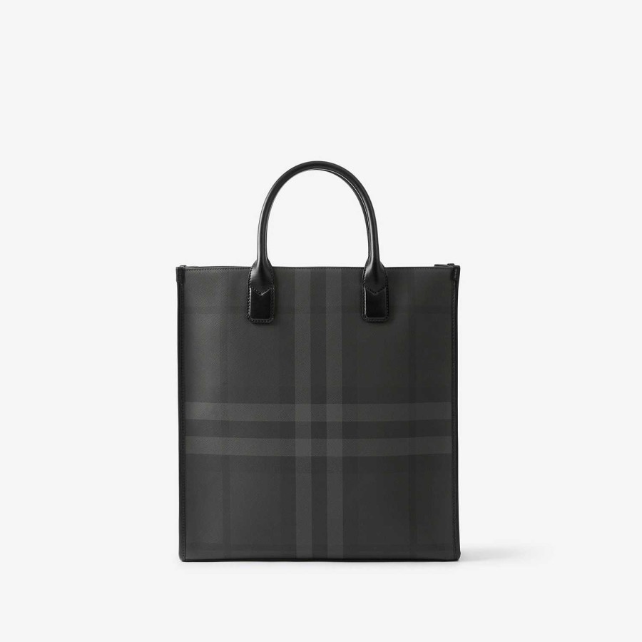 Män Burberry Check|Tote | Smal vertikal Denny Tote Träkol