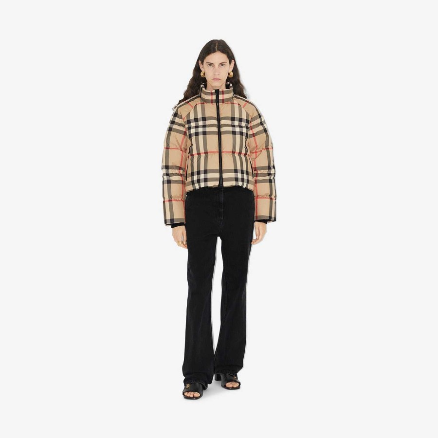 Kvinnor Burberry Pufferjackor|Kaffor och jackor | Cropped rutig pufferjacka Arkiv Beige