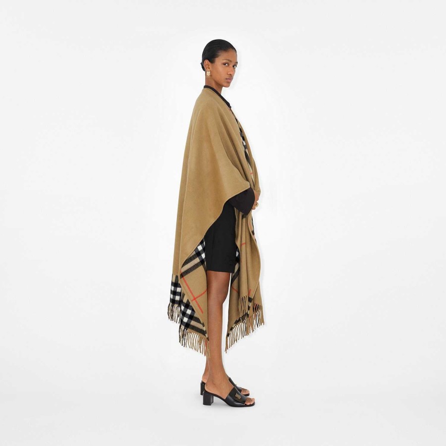 Kvinnor Burberry Kapor|Kaffor och jackor | Check Cashmere Wool Cape Arkiv Beige