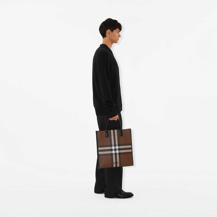 Män Burberry Check|Tote | Smal vertikal Denny Tote Mörk björkbrun