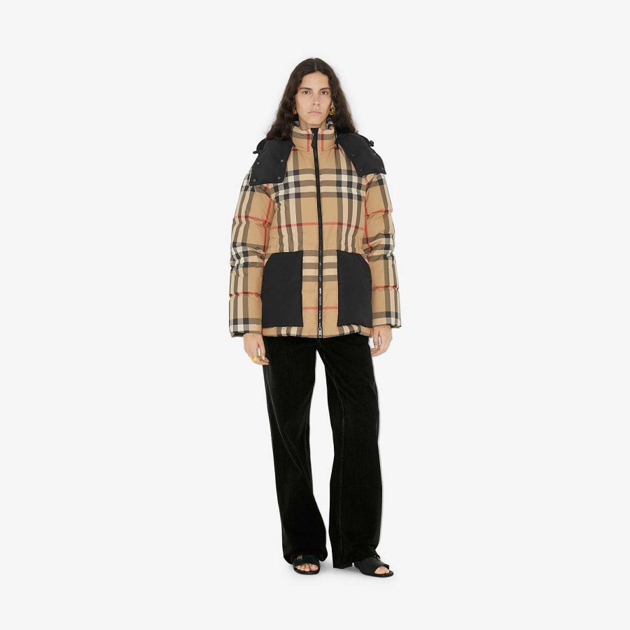 Kvinnor Burberry Pufferjackor|Kaffor och jackor | Check Puffer Jacket Arkiv Beige