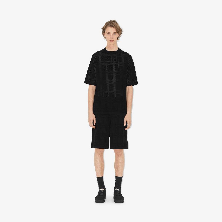 Män Burberry Stickat | Check Technical Cotton Oversized T-shirt Svart