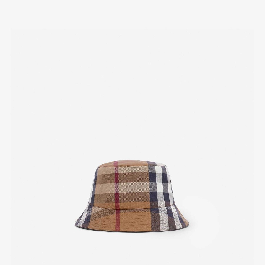 Män|Kvinnor Burberry Mössor & handskar | Överdriven rutig bomull Canvas Bucket Hat Björk Brun